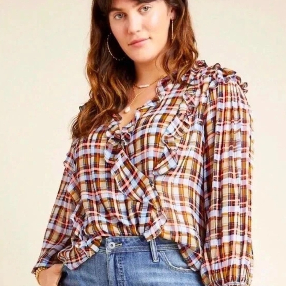 Anthropologie Multicolor Plaid Ruffle Blouse